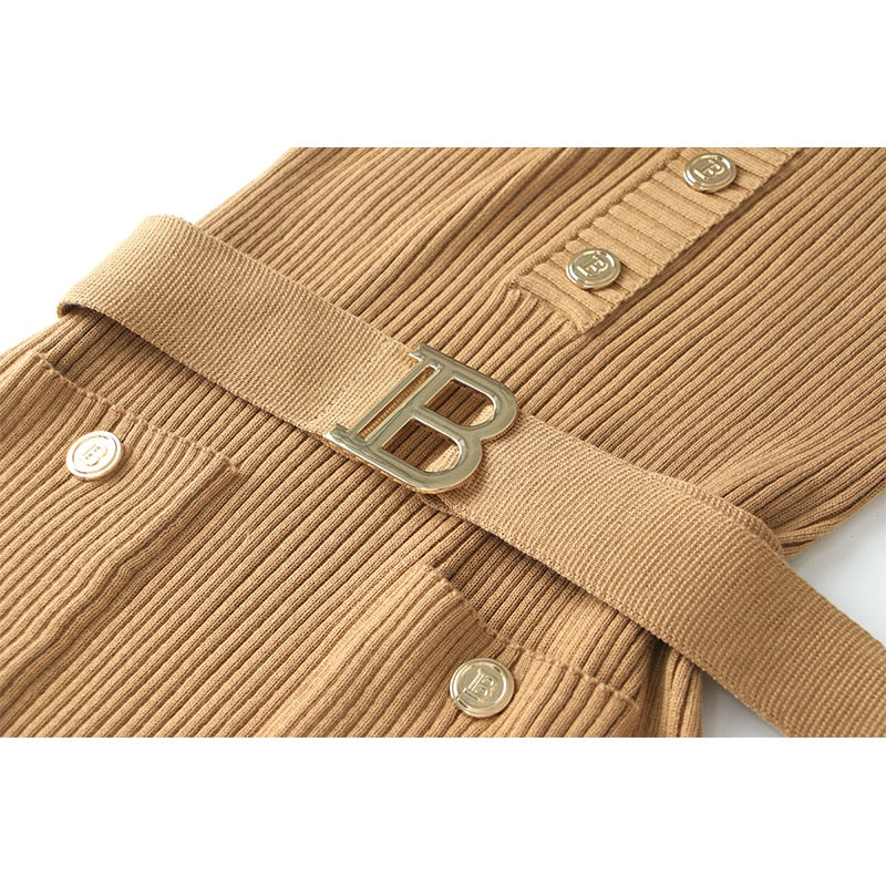 New Fall Quality Design 3 Colors Elegant O-neck Sheath Knitting Fabric Long Skinny Belt Dress