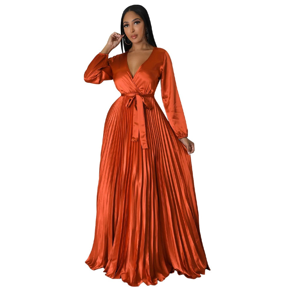 CM.YAYA Vintage Women Wrap V-neck Sashes Waist Pleated Maxi Dress Autumn Winter INS Big Swing Sexy Night Party Club Long Dresses