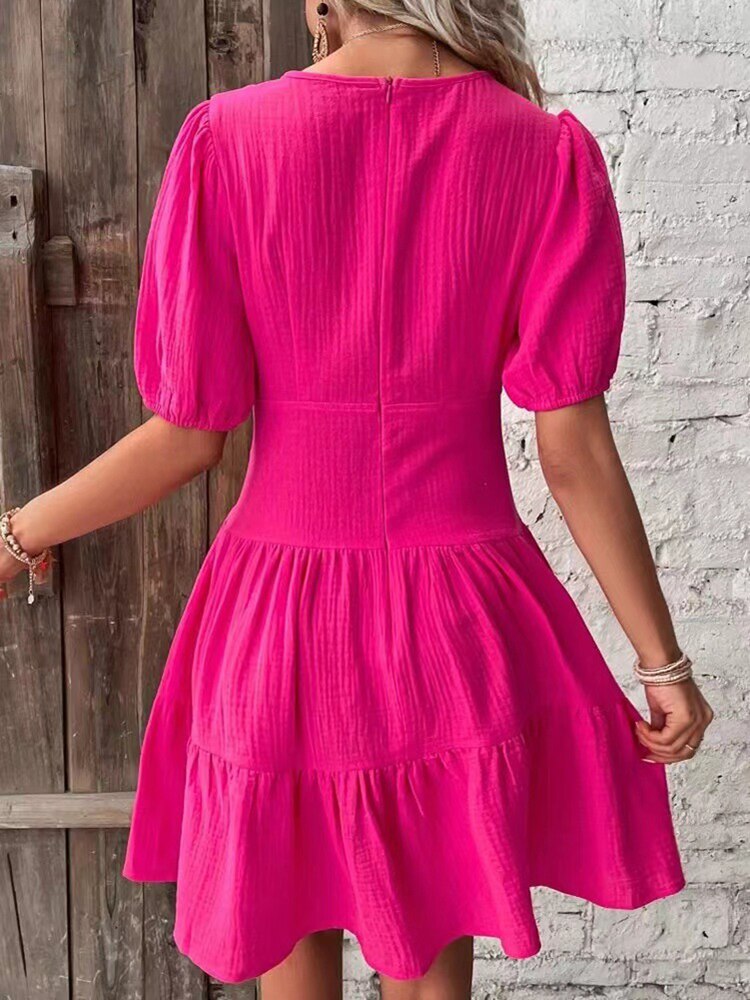 Elegant Midi Dresses For Women Summer Casual V Neck Puff Sleeve Ruffle Beach Dress Fashion Red Simple A-line New In Dresses 2023