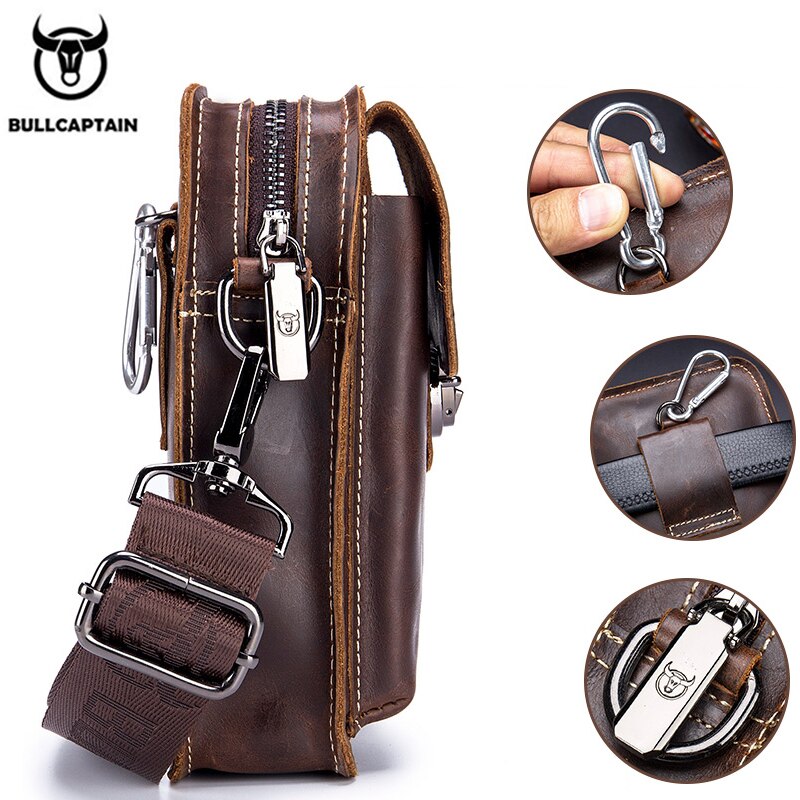 BULLCAPTAIN Crazy Horse Leather Male Waist Pack Phone Pouch Bags Waist Bag Men's Small Chest Shoulder Belt Bag Back Pack YB075