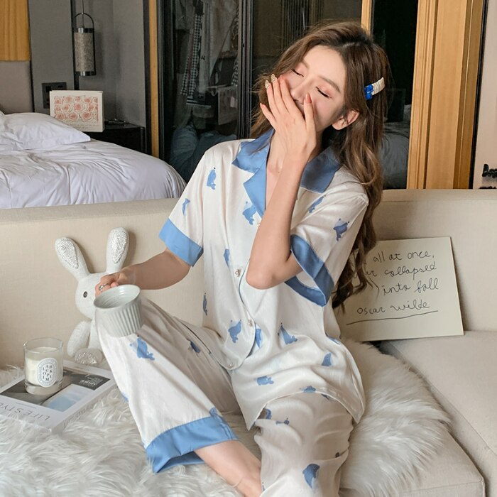 Summer Luxury Women Pajamas Set Faux Silk Pajamas Short Sleeve Two Piece Sleepwear Long Pants Nightwear Set Home Wear Clothes