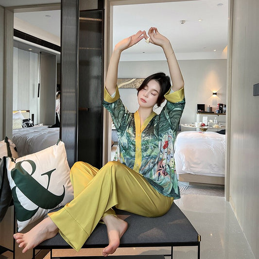 QSROCIO NEW Women's Pajamas Set Luxury Fashion Paint Print Sleepwear Silk Like Homewear V Neck Nightwear New пижама женская