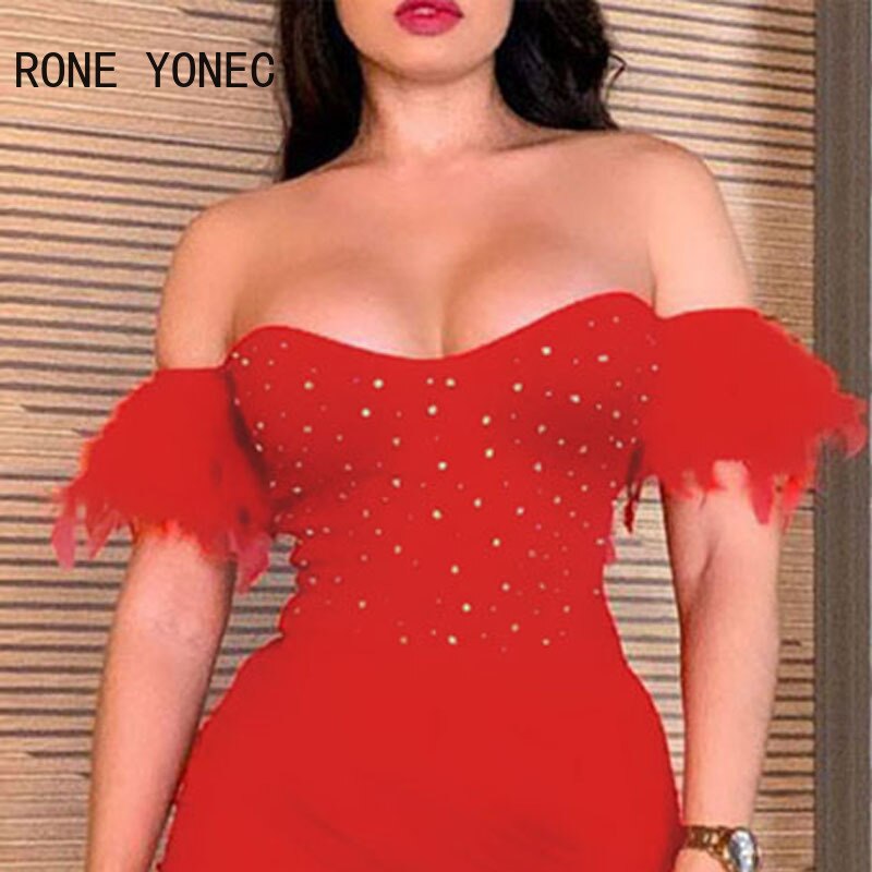 Women Sexy Off Shoulder Short Feather Sleeves Rhinestone Mini Bodycon Wrap Party Red Dresses