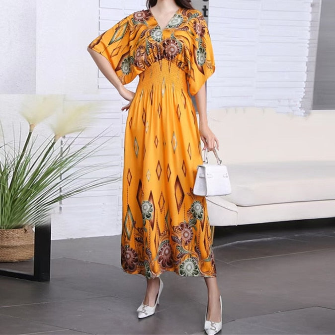 Casual Elegant Retro Style V-neck Tunic Large Swing Printed Dress Long Skirt