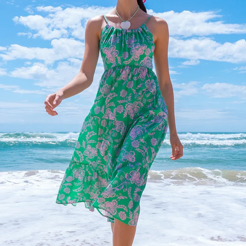 Sexy Floral Midi Dress Women Summer Casual Blue Backless Ruffle Big Hem Beach Dress Fashion A-line Slip New In Dresses 2023