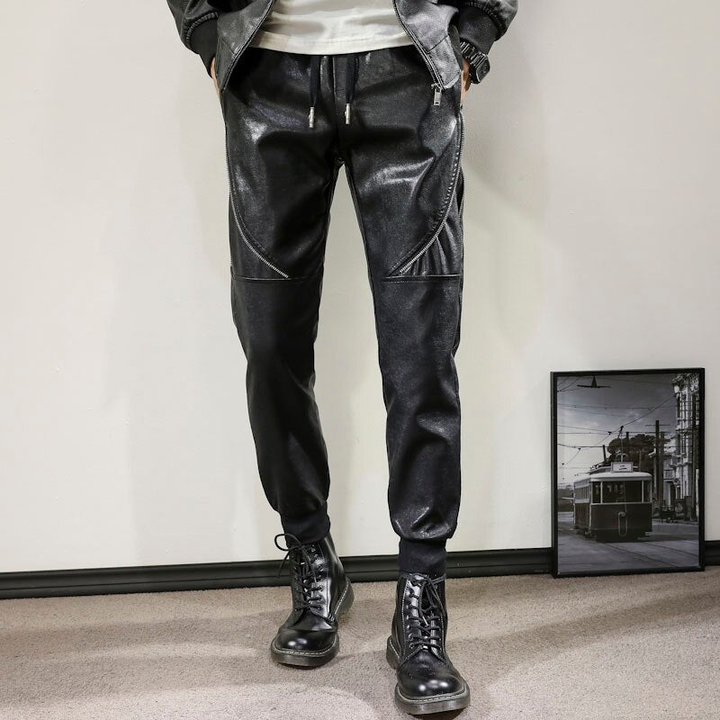 Mens black leather pants mens tights pants faux leather pu sexy motorcycle skinny trousers 28-36 AYG180