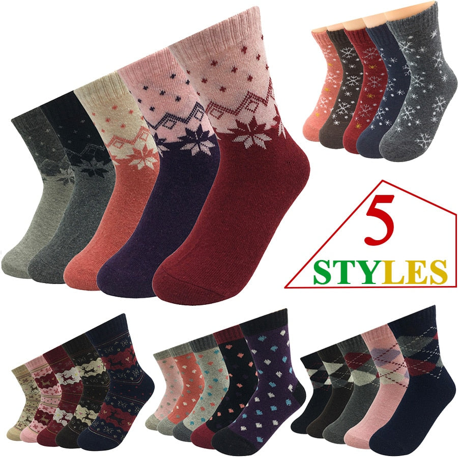 5 Pairs/Lot Wool Socks Women Warm Winter Snow Flower Deer Maple Leaf  Pattern Cashmere Socks Ladies Girls Christmas Gift 5 Style