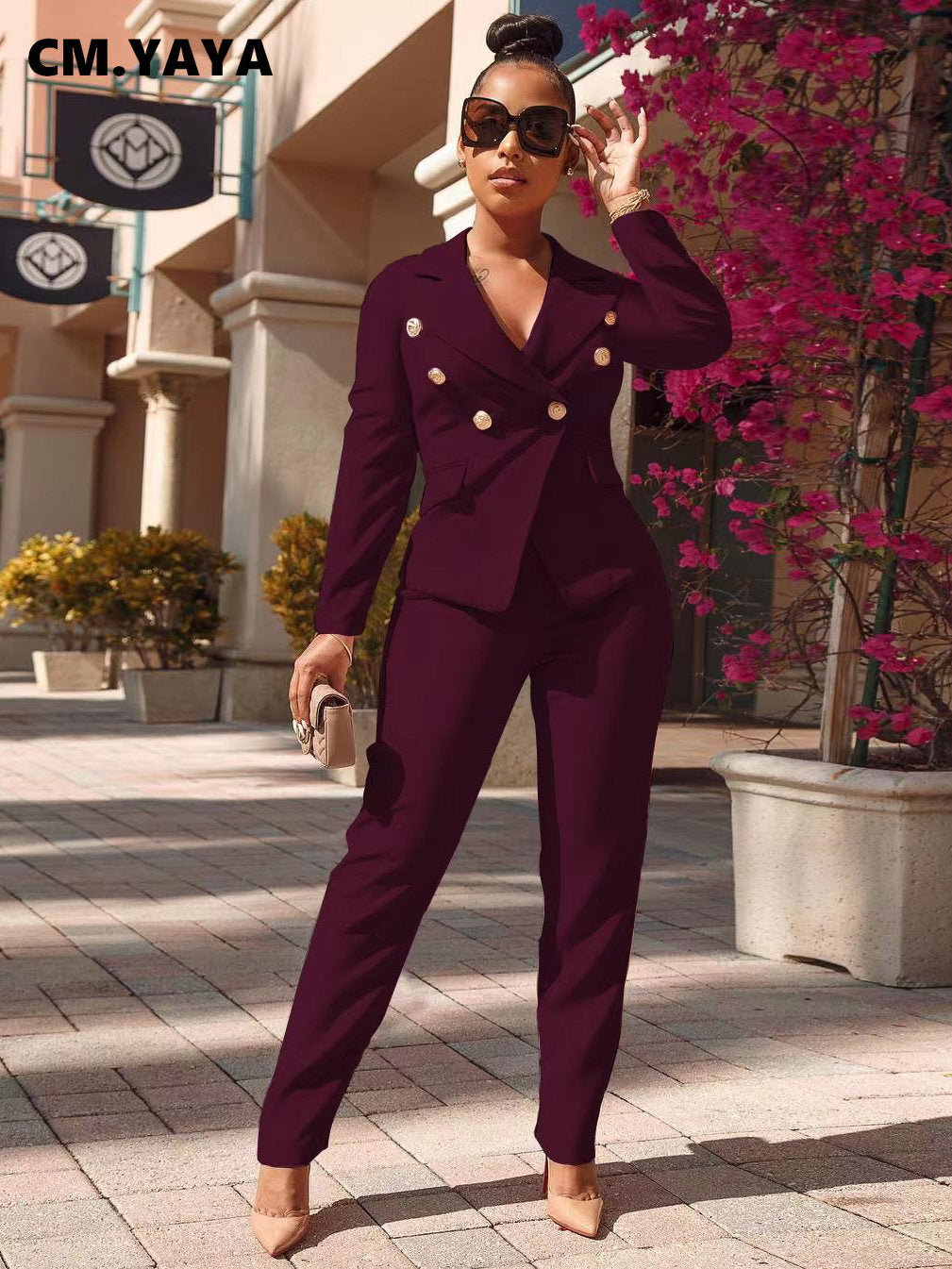 CM.YAYA Autumn Winter Women&#39;s Set Long Sleeve Blazer and Pants Suit Office Lady Tracksuit Two 2 Piece Set Elegant INS Outfits