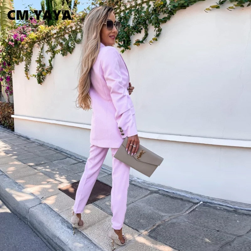 CM.YAYA Elegant Women Pants Suit and Long Sleeve Blazer Matching Set Office Lady Streetwear Chic Two 2 Piece Set 2022 Outfits