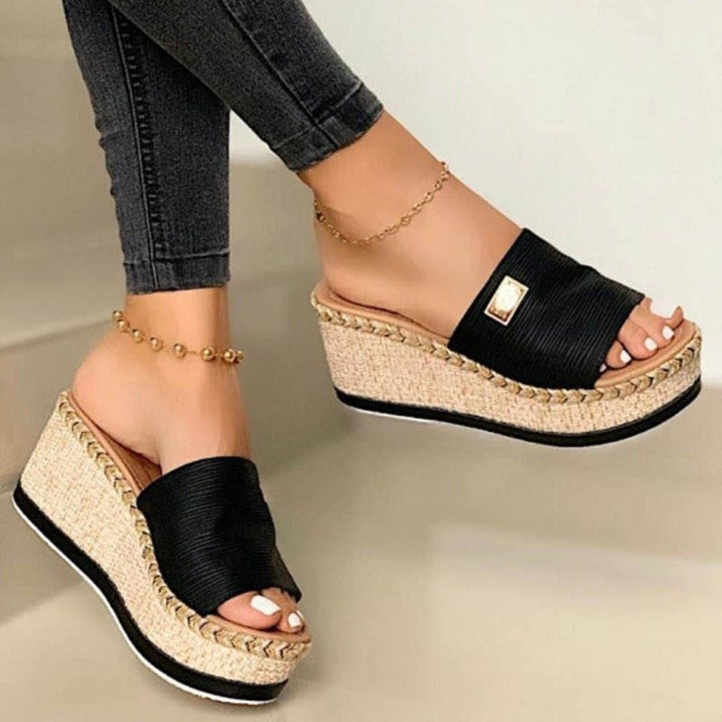 Women Wedges Slippers 2020 Ladies Hemp High Heels Platform Summer Women&#39;s Casual Woman Fashion Denim Female Peep Toe Beach Shoes