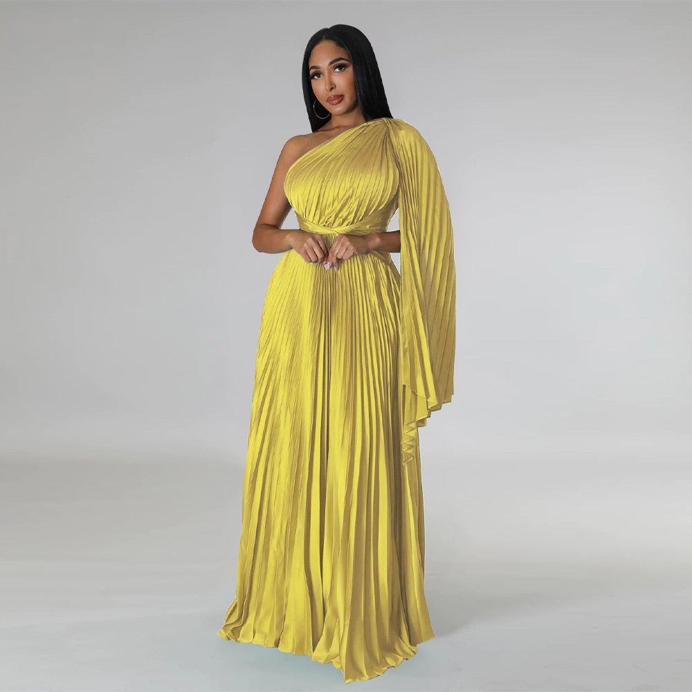 CM.YAYA Vintage Women One Shoulder Clock Sleeve Sashes High Waist Big Swing Pleated Maxi Long Sexy Party Evening Silk Dress 2023