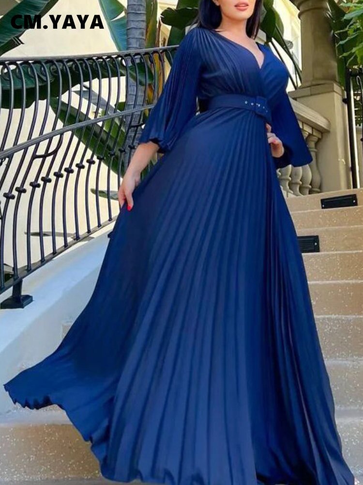 CM.YAYA Pleated Wraped V-neck Flare Sleeve Big Swing Floor Length Maxi Long Dresses for Women Autumn Winter Party Prom Dress