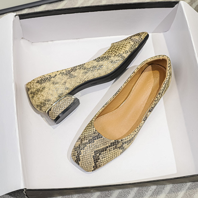 Snake Skin Square-toe Pumps Women Slippers Slip On Outdoor Casual Mules Shoes Thin Low Heel Elegant Womens Plat Heels