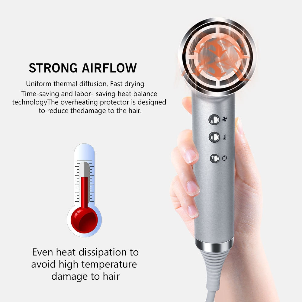 Frequency Conversion Professional Salon Ionic Hair Dryer Light Weight Strong Wind 6 Speed Negative Ion Bolwdryer with 3 Nozzle