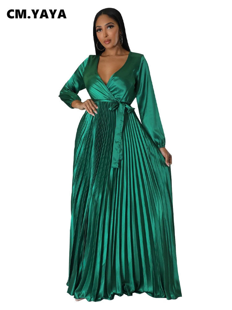 CM.YAYA Vintage Women Wrap V-neck Sashes Waist Pleated Maxi Dress Autumn Winter INS Big Swing Sexy Night Party Club Long Dresses