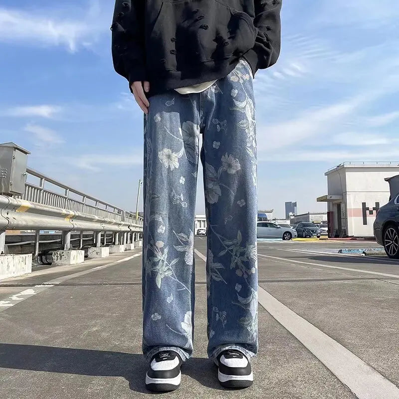 Korean Style Mens Fashion Blue Printed Jeans 2024 Spring New Floral Denim Pants High Street Loose Straight Couples Trousers