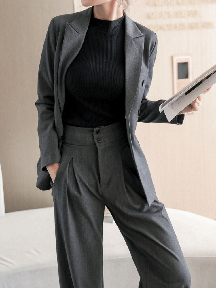 Women's Spring Casual Blazer Pantsuit Fashion Long Sleeve Jacket+Wide Leg Pant 2 Piece Set Office Ladies Business Trousers Suit