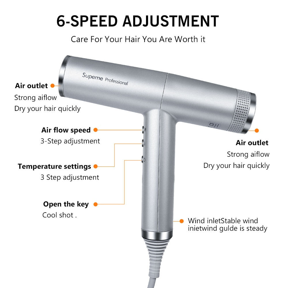 Frequency Conversion Professional Salon Ionic Hair Dryer Light Weight Strong Wind 6 Speed Negative Ion Bolwdryer with 3 Nozzle