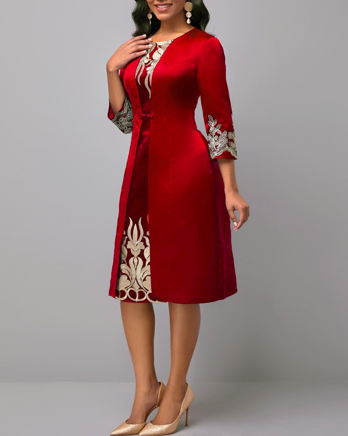 Dresses for Women 2023 Summer Spring Women 3/4 Sleeve Round Neck Red Purple Blue Polyester Bodycon Dress Red Dress S-5XL