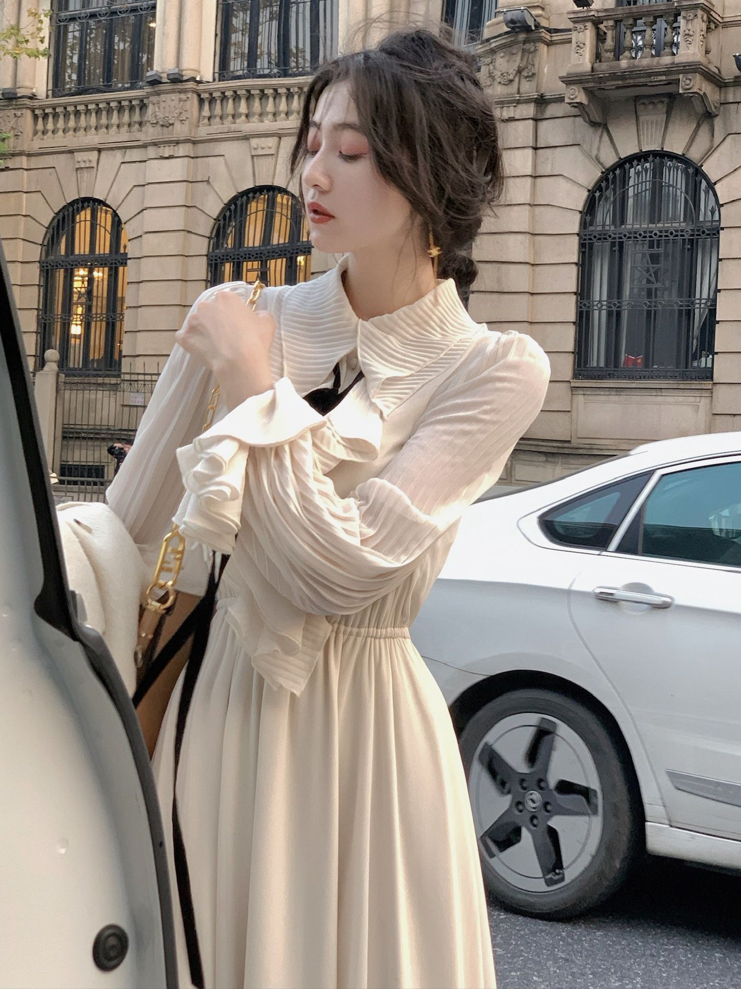 Autumn New Women Elegant Midi Retro French Style A Line  Ruffles Dress Female Vestdios Vintage Fashion  Party Prom Clothes