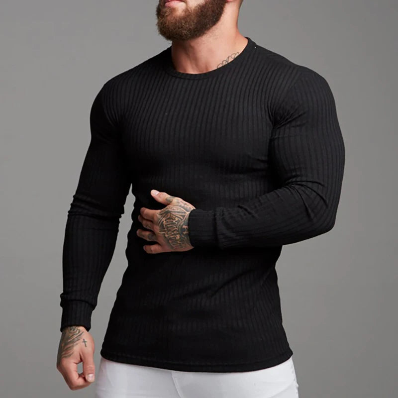 Spring Autumn Knitted Sports Long-sleeved Men's Slim Fit Round Neck Running T-shirt Men Casual Gym Training Bodybuilding Tops