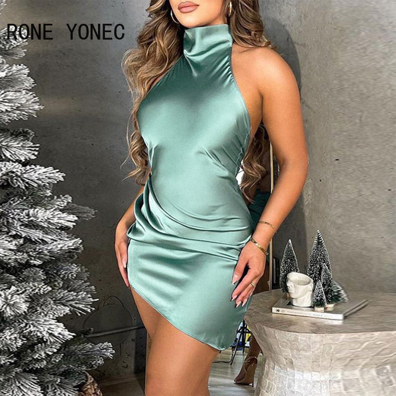 Women Solid Sexy Halter Sleeveless Mini Sexy Satin Backless Party Dresses