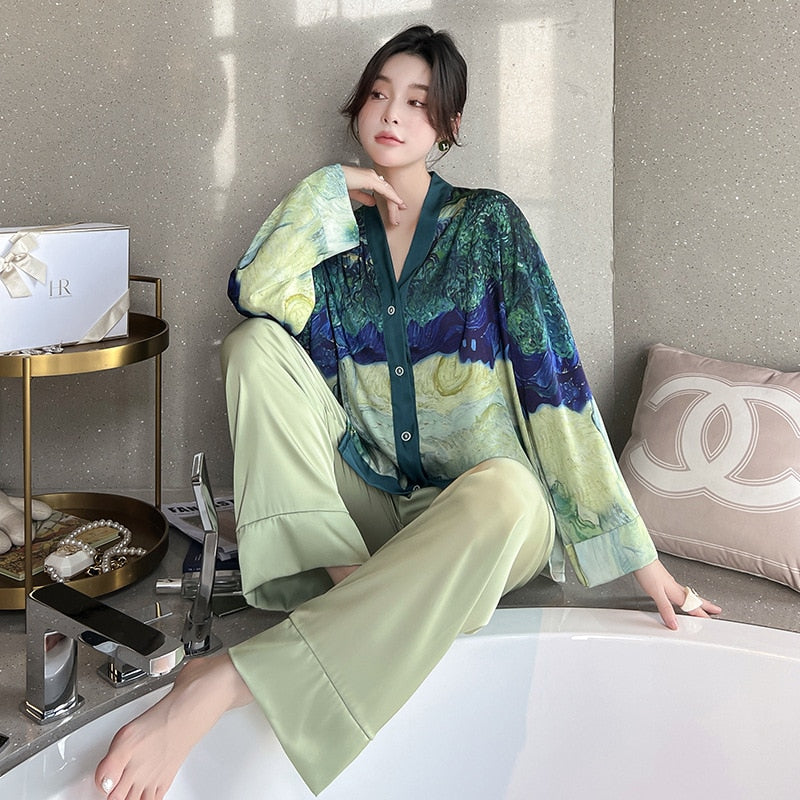 QSROCIO NEW Women's Pajamas Set Luxury Style Painting Print Sleepwear Satin Silky Touch Homewear V Neck Nightie Casual Home Suit