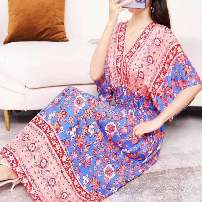 Casual Elegant Retro Style V-neck Tunic Large Swing Printed Dress Long Skirt