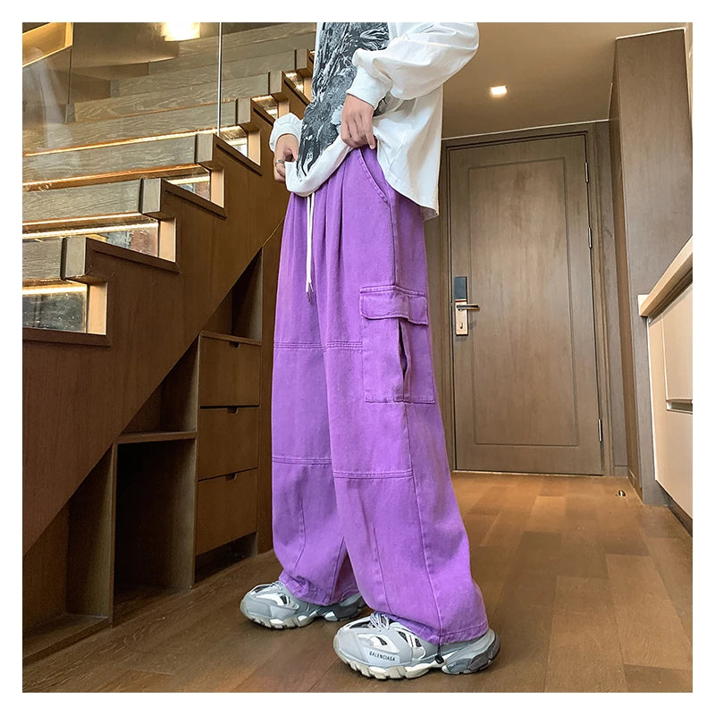 Multi-Pocket Washed Cargo Pants Men Women Y2K Vintage Streetwear Loose Oversized Straight Wide-Leg Jeans Dark Green/Purple