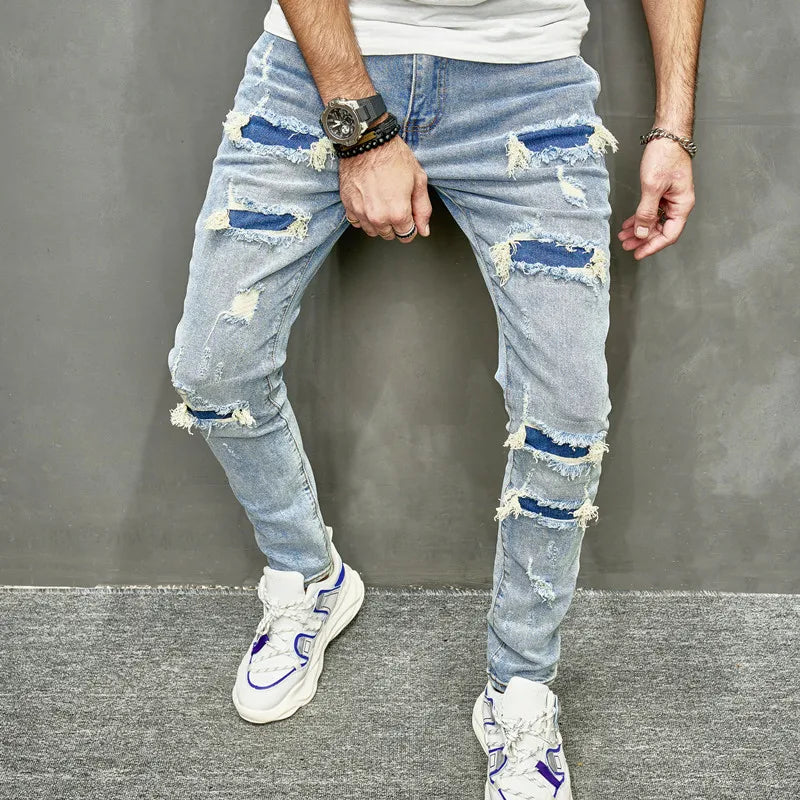 New Men Holes Casual Skinny Jeans Pants Streetwear Male Stylish Ripped Solid Hip Hop Slim Denim Trousers