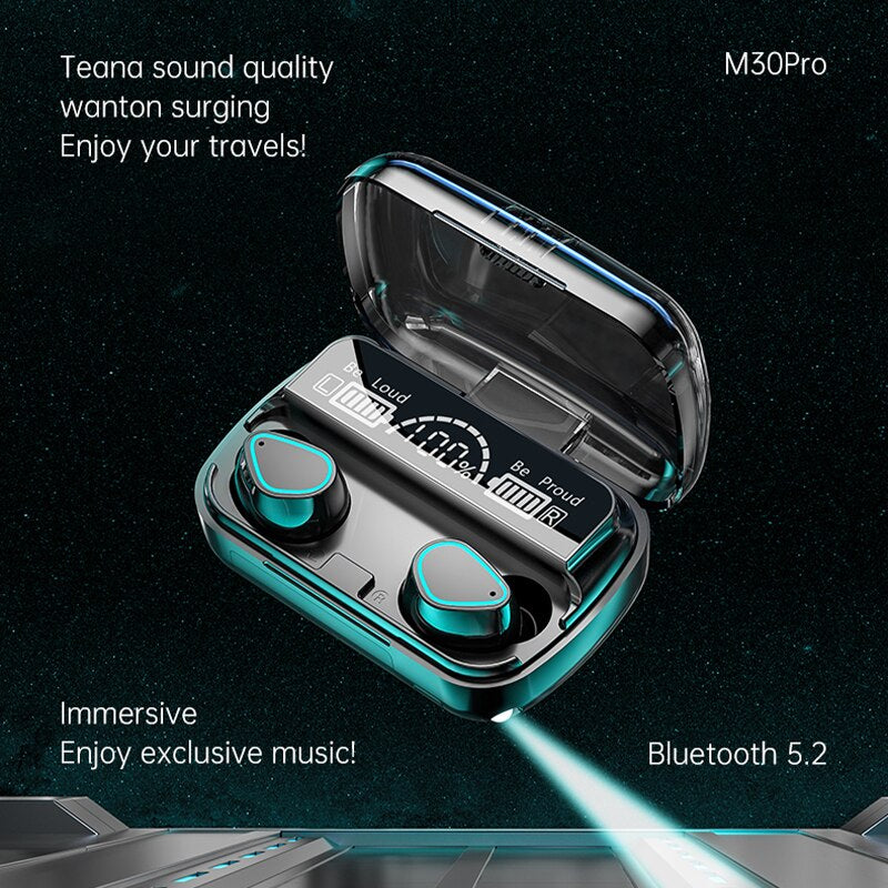 M30 Headphones Tws Bluetooth Earphones 5.2  9D Stereo with Flashlight Wireless Earbuds Waterproof Noise Reduction Headset