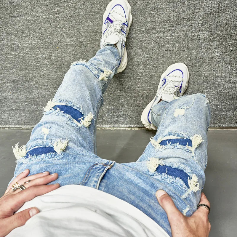 New Men Holes Casual Skinny Jeans Pants Streetwear Male Stylish Ripped Solid Hip Hop Slim Denim Trousers