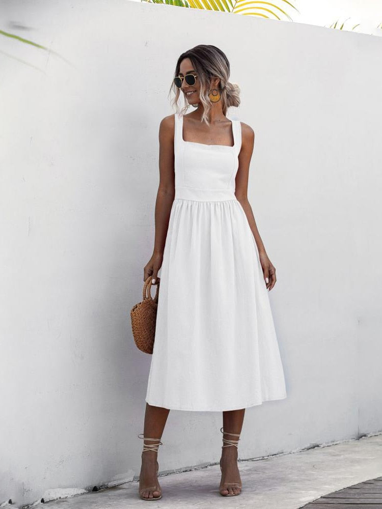 Women Long Dress Summer Sexy Backless Casual White Black Ruched Slip Midi Sundresses 2022 Ladies Strap Clothes For Women y2k