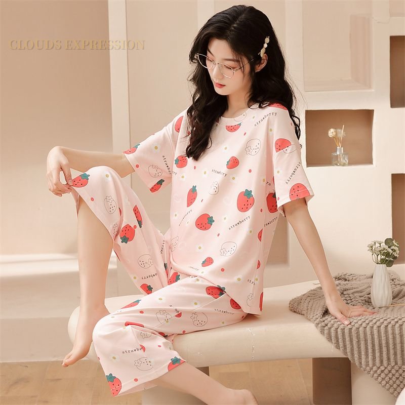 Summer Knitted Cartoon Rabbit Print Two Piece Kawaii Girl Short Sets Women Pajamas Sets Pyjamas Ladies Sleepwear Pijamas Fashion