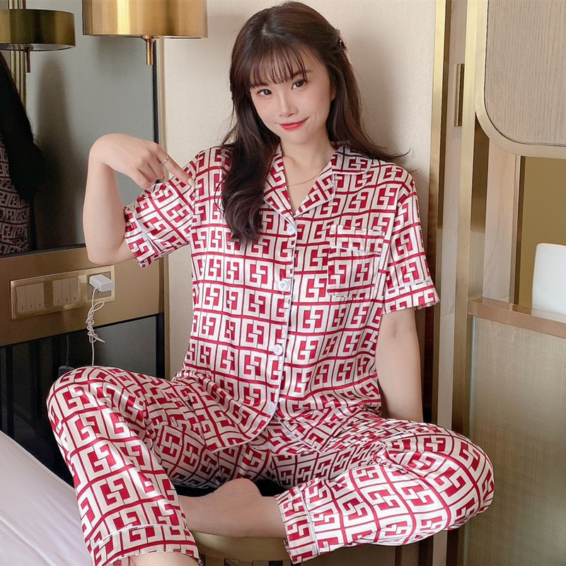 Ice Silk Pajamas Thin Section Sweet Silk Plus Size Home Clothes Two-piece Suit Sexy Satin Pajamas Sleepwear