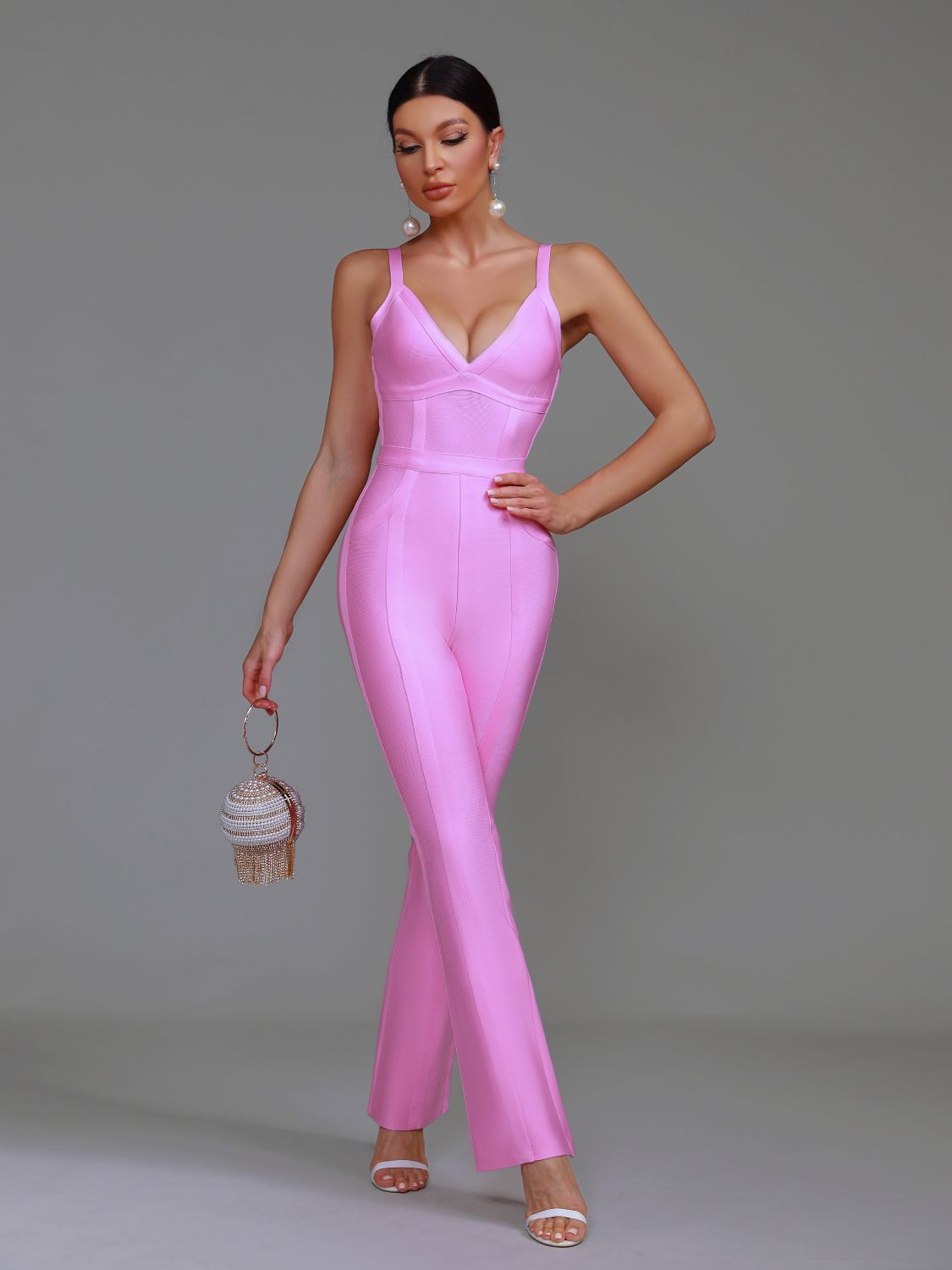 Ribbed Pink Bandage Jumpsuit Women Wide Leg Jumpsuit Bodycon Elegant Sexy Birthday Evening Party Club Outfits Summer 2023