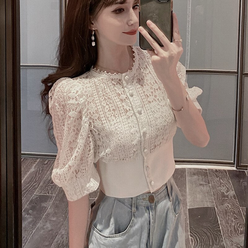 Summer O-neck Blouse Women Korean Hollow Lace White Shirt  2023 Casual Short Sleeve Button Loose Clothes Solid Female Tops 13607