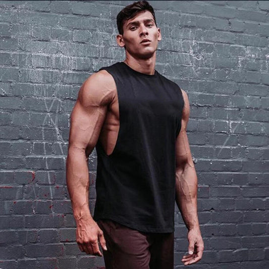 New Brand Gym Clothing Bodybuilding Drop Armhole Tank Top Men Fitness Solid Color Cotton Side Cut Off Sleeveless T-Shirt