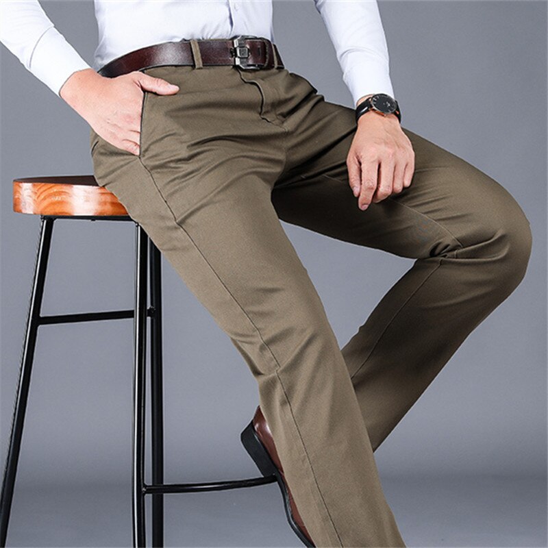 98% Cotton Casual Pants Men High Waist Elastic Straight Loose Trousers Mens Solid Color Business Dress Pants Brand Man Clothes