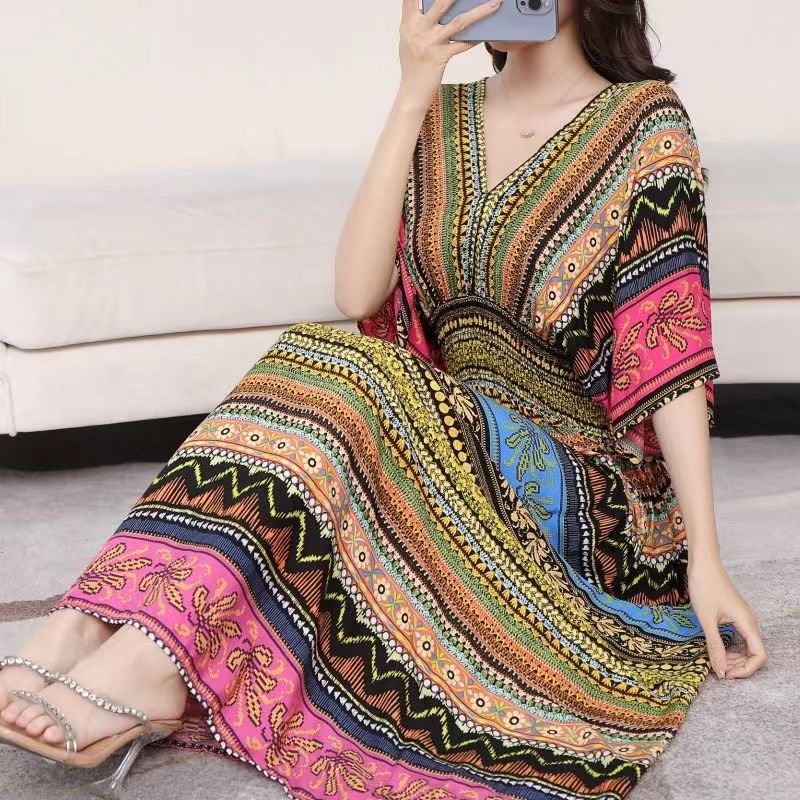 Casual Elegant Retro Style V-neck Tunic Large Swing Printed Dress Long Skirt