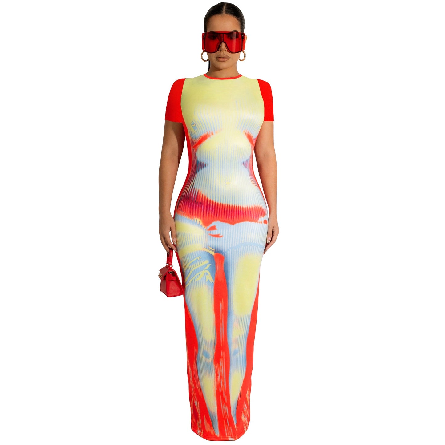 CM.YAYA Women 3D Printed Short Sleeve O-neck Bodycon Midi Maxi Dress for 2022 Summer Sexy Night Party Clubwear Long Dresses