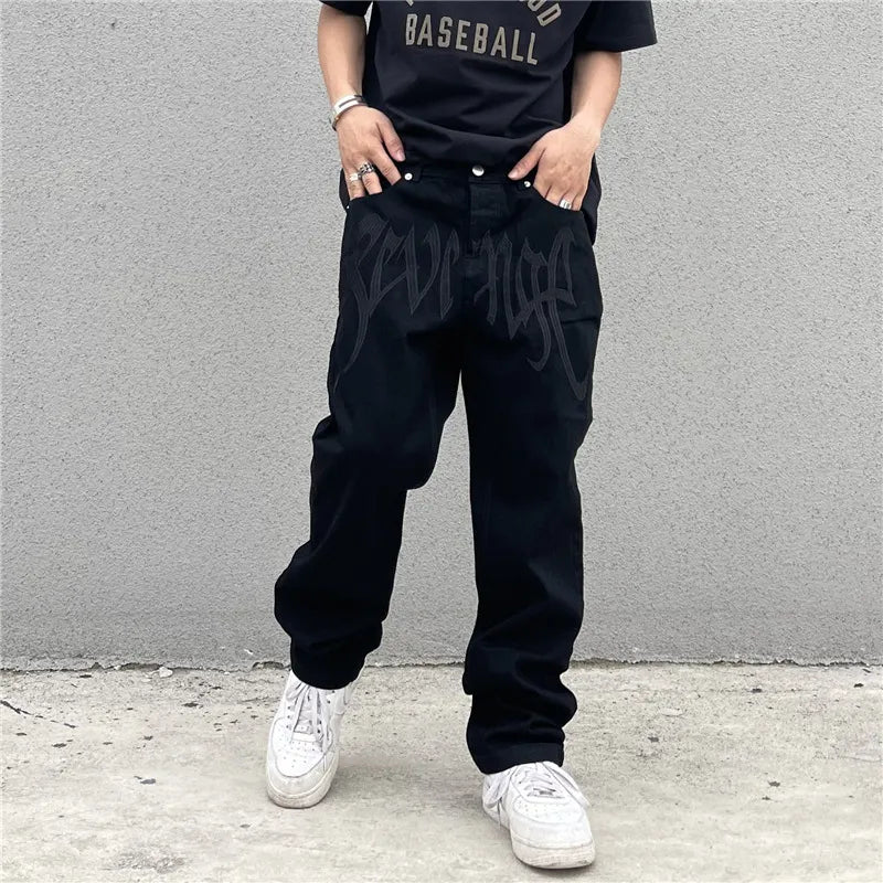 Y2K Black Baggy Jeans Men's New Streetwear American Retro Printed Letter Pants Straight Hip-hop Loose Denim Trousers