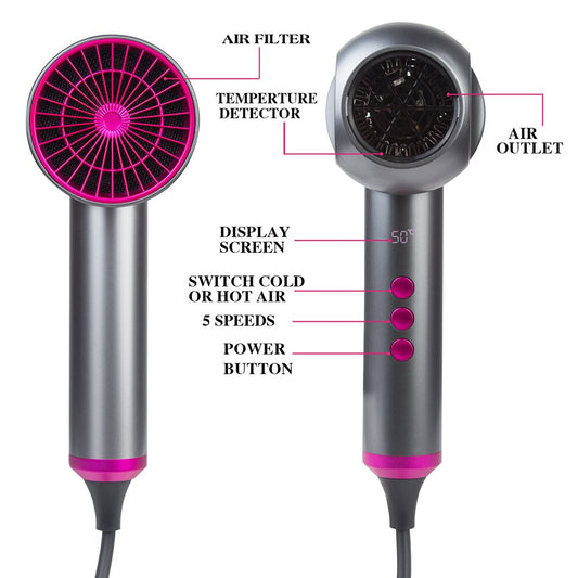 Anion Hair Dryer Hot and Cold Strong Wind Blower Powerful Smart Control Blow  5Speed 2 Gear Heat Setting  Care  Nozzle