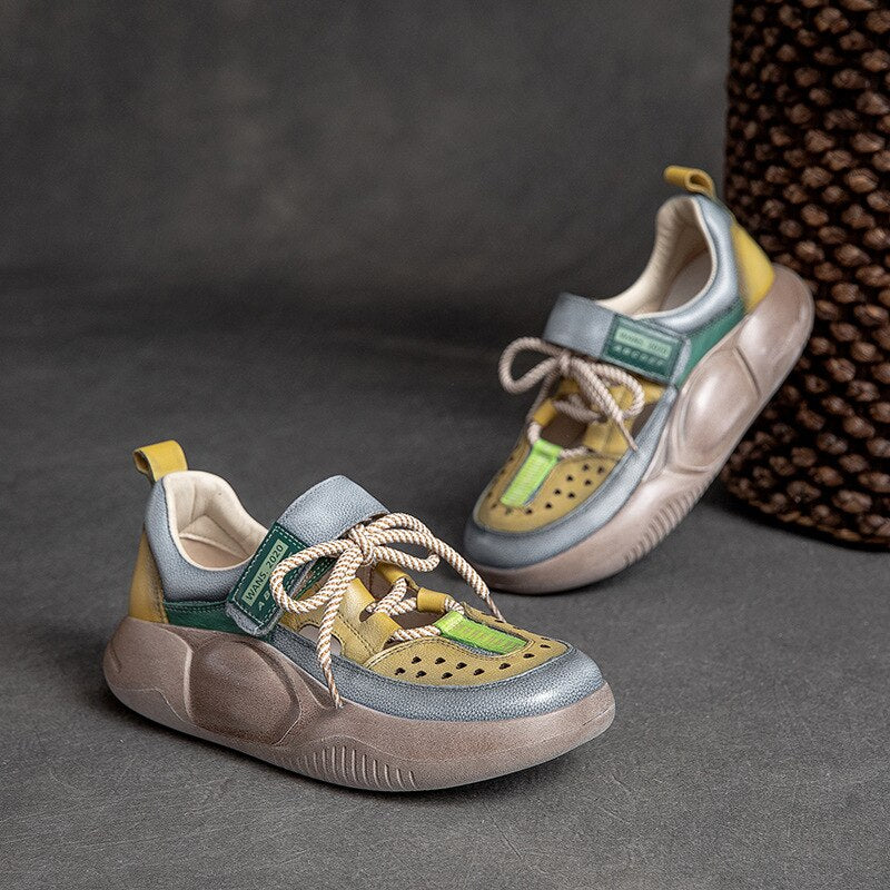 GKTINOO  Hook & Loop  Shoes Women Sneakers Genuine Leather Mixed Colors 2023 New Handmade Comfortable Retro Platform Sneakers