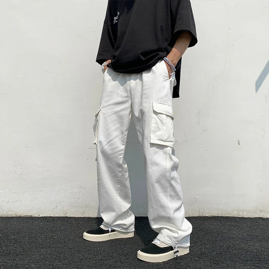 Black/white Casual Pants Men's Fashion Loose Straight Wide Leg Pants Men Streetwear Hip-hop Pocket Cargo Pants Mens Trousers