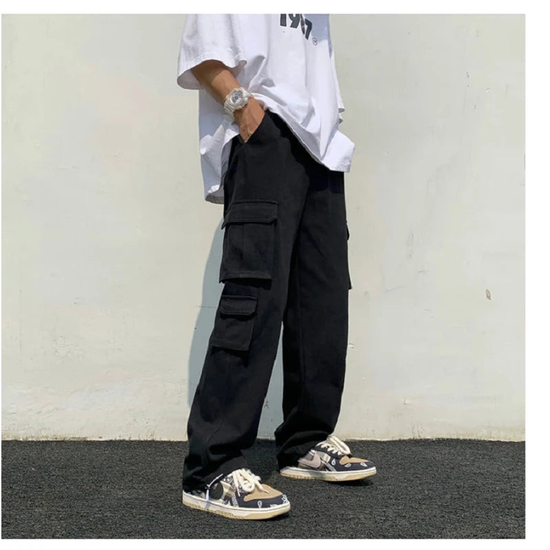 Black/white Casual Pants Men's Fashion Loose Straight Wide Leg Pants Men Streetwear Hip-hop Pocket Cargo Pants Mens Trousers