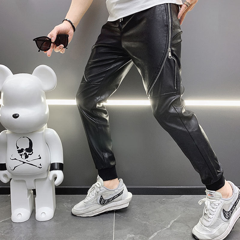 Hot 2023 new men's pu leather straight pants motorcycle casual skinny trousers Black size 28-36 A106