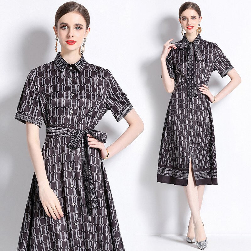 Summer Runway Letters Print Shirt Dress Women Short Sleeve Turn Down Neck Vintage Bandage Lace Up Pleated Midi Vestidos M8719