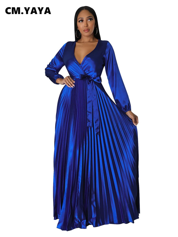 CM.YAYA Vintage Women Wrap V-neck Sashes Waist Pleated Maxi Dress Autumn Winter INS Big Swing Sexy Night Party Club Long Dresses