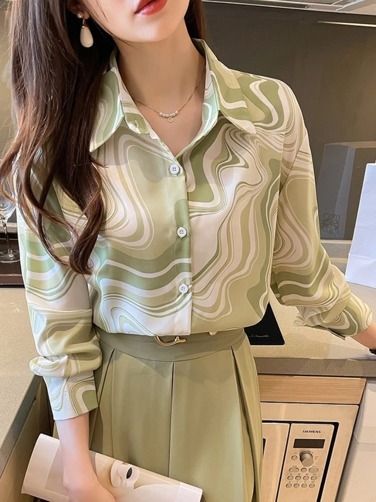 Elegant and Chic Women Fashion New Shirts Tops Long Sleeve Print Vintage Slim Party Business Blouses Office Ladies Clothings